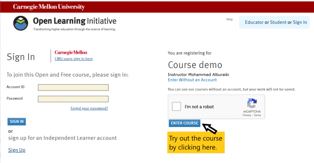 Example how to login to try courses