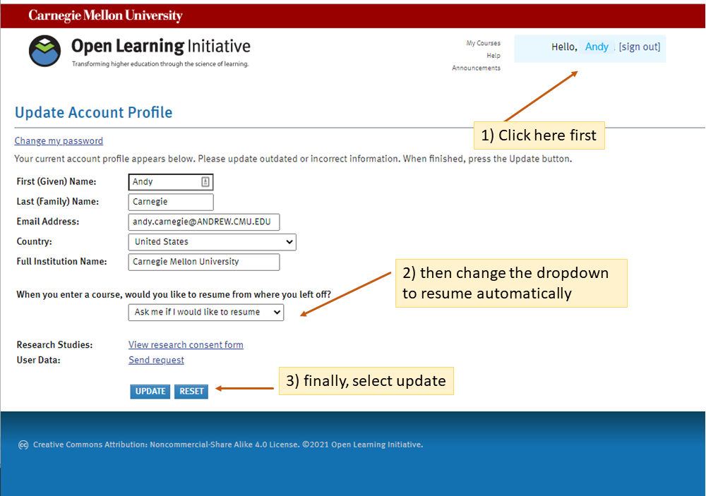 Set up course to auto resume in OLI